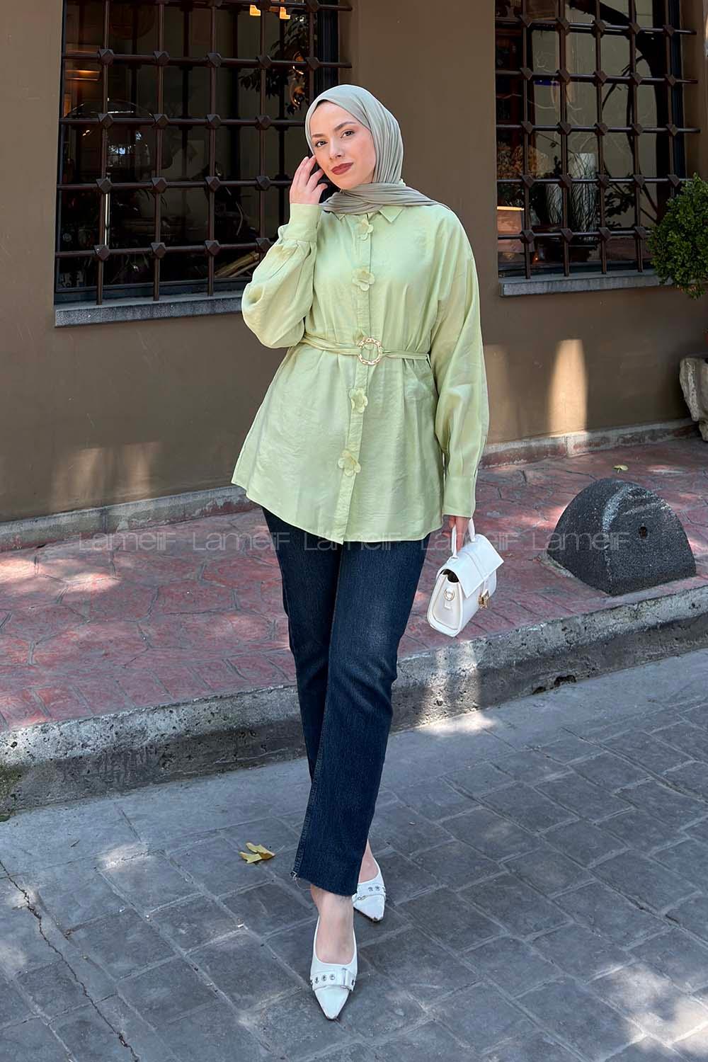 Lamelif Ön Çiçek Detaylı Bağlamalı Gömlek Çağla Yeşili