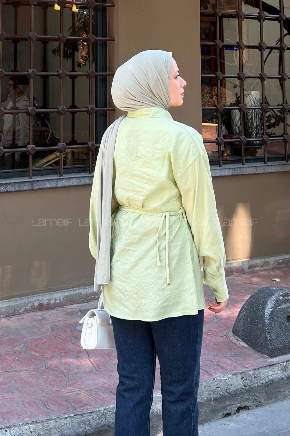 Lamelif Ön Çiçek Detaylı Bağlamalı Gömlek Çağla Yeşili