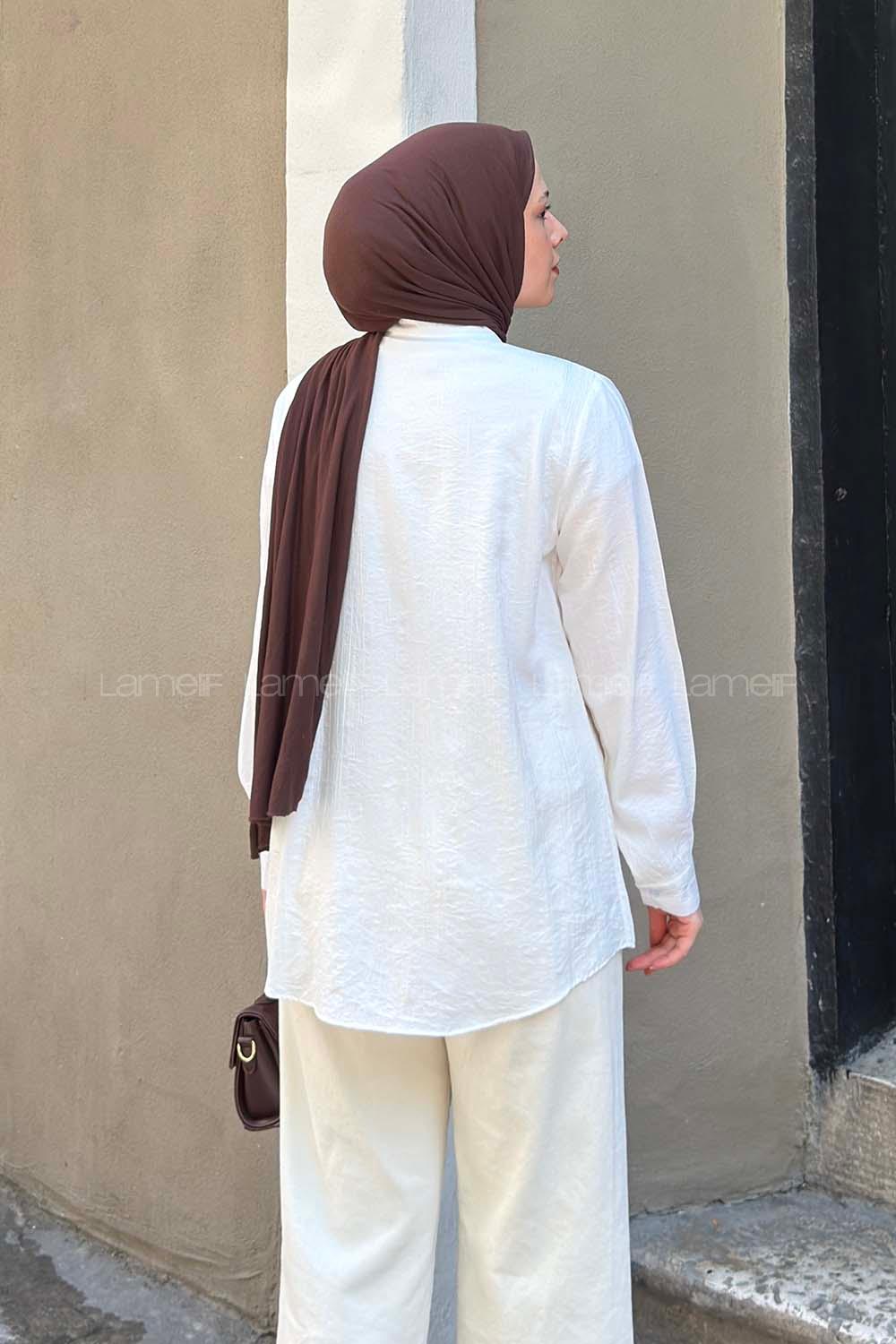 Lamelif Önü Fırfırlı Bürümcük Dokulu Gömlek Beyaz