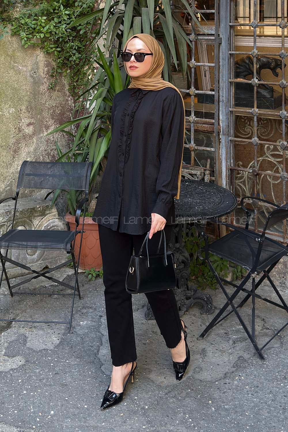 Lamelif Önü Fırfırlı Bürümcük Dokulu Gömlek Siyah