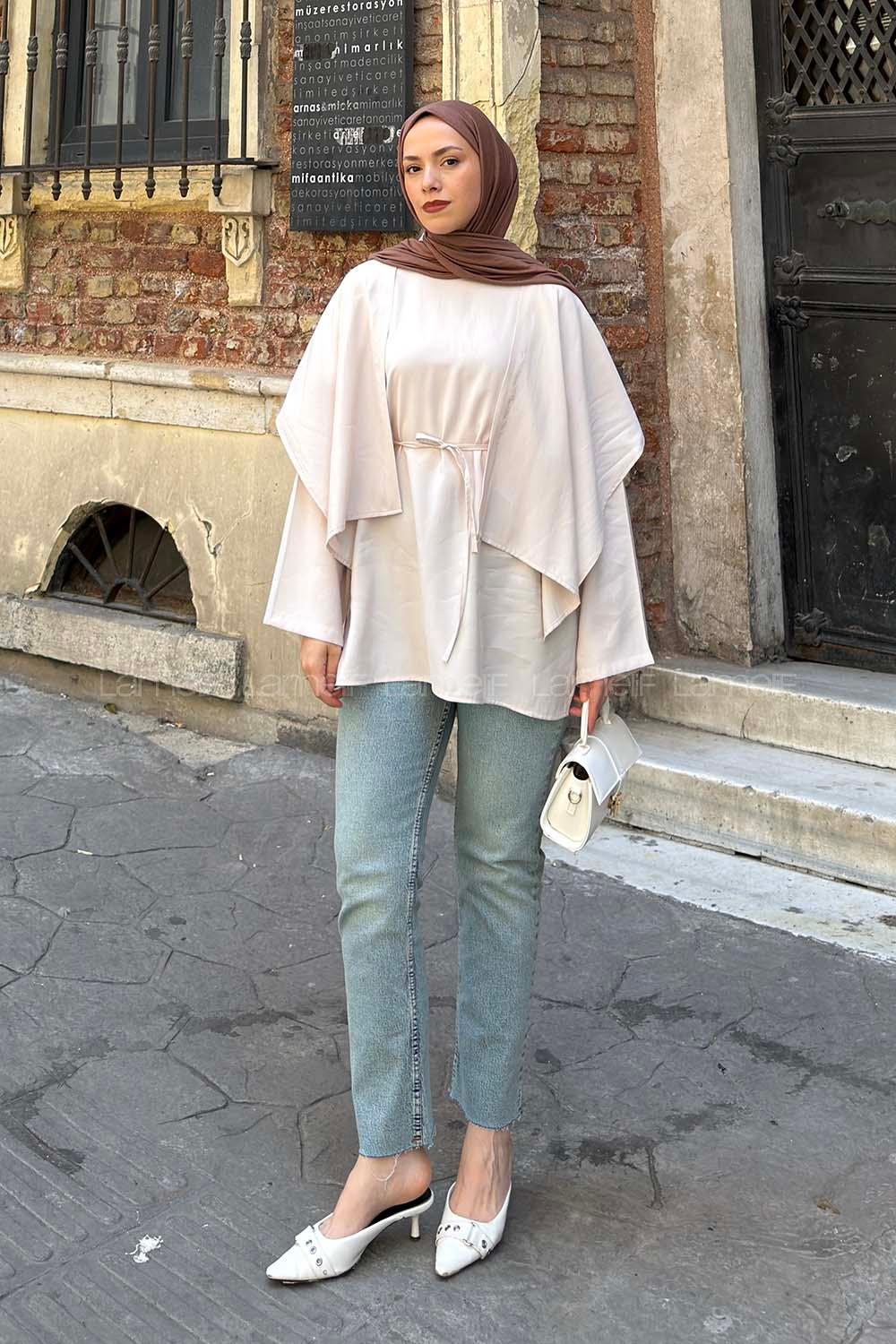 Lamelif Pelerin Detaylı Oversize Tunik Bej