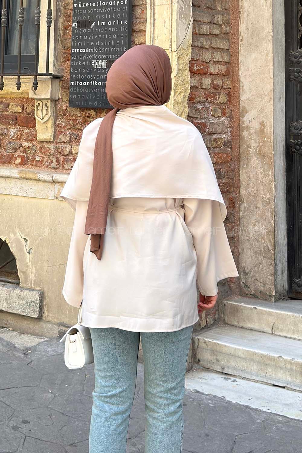 Lamelif Pelerin Detaylı Oversize Tunik Bej