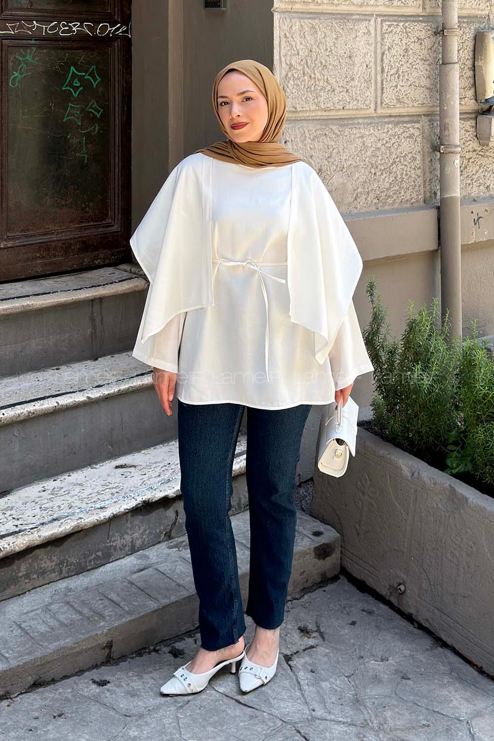 Lamelif Pelerin Detaylı Oversize Tunik Beyaz