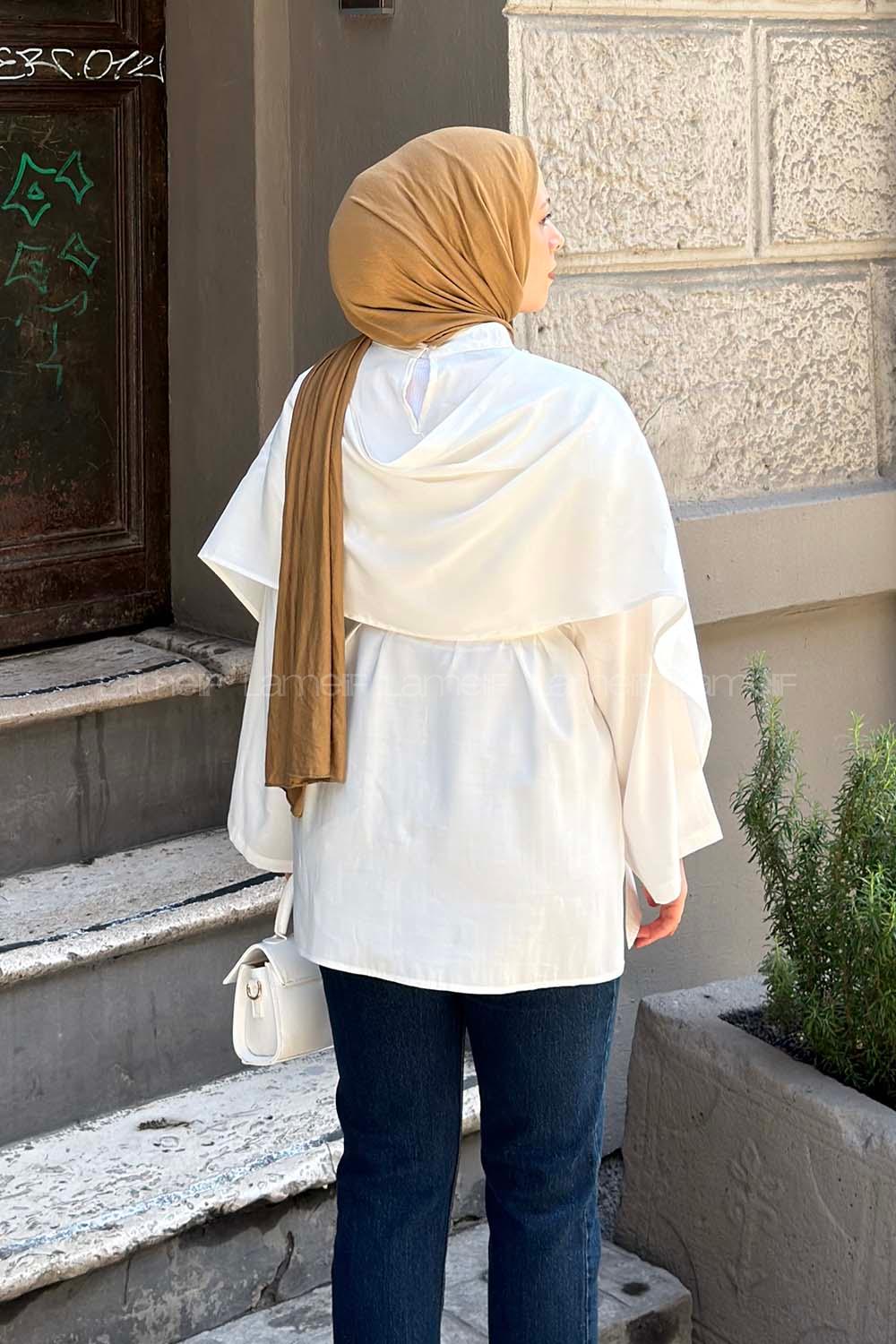 Lamelif Pelerin Detaylı Oversize Tunik Beyaz