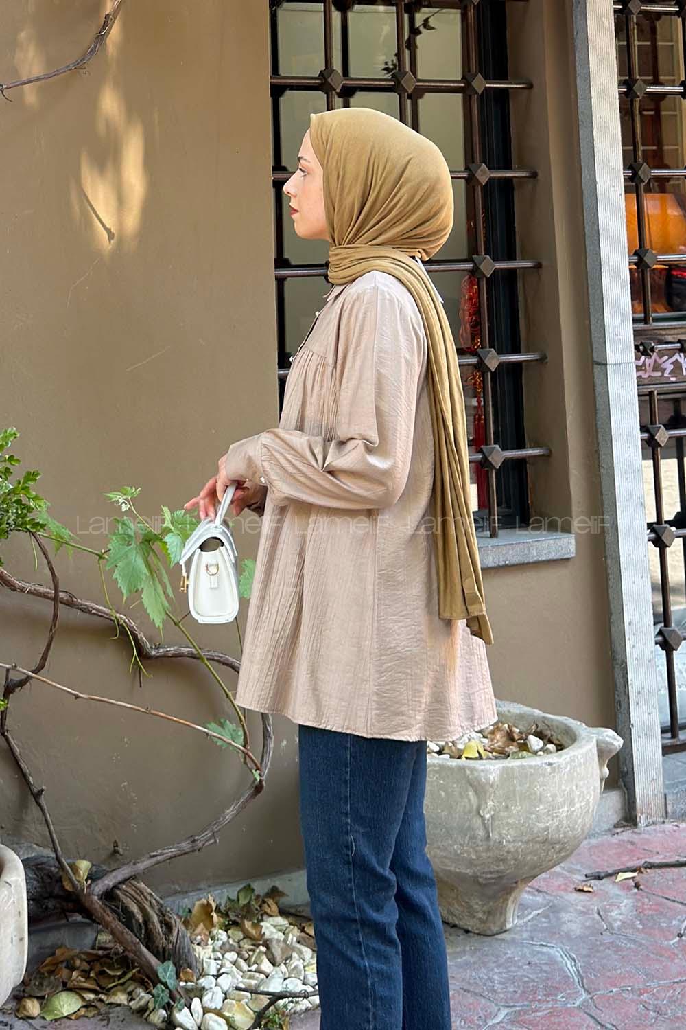 Lamelif Taş Düğmeli Roba Detaylı Gömlek Soft Kahve