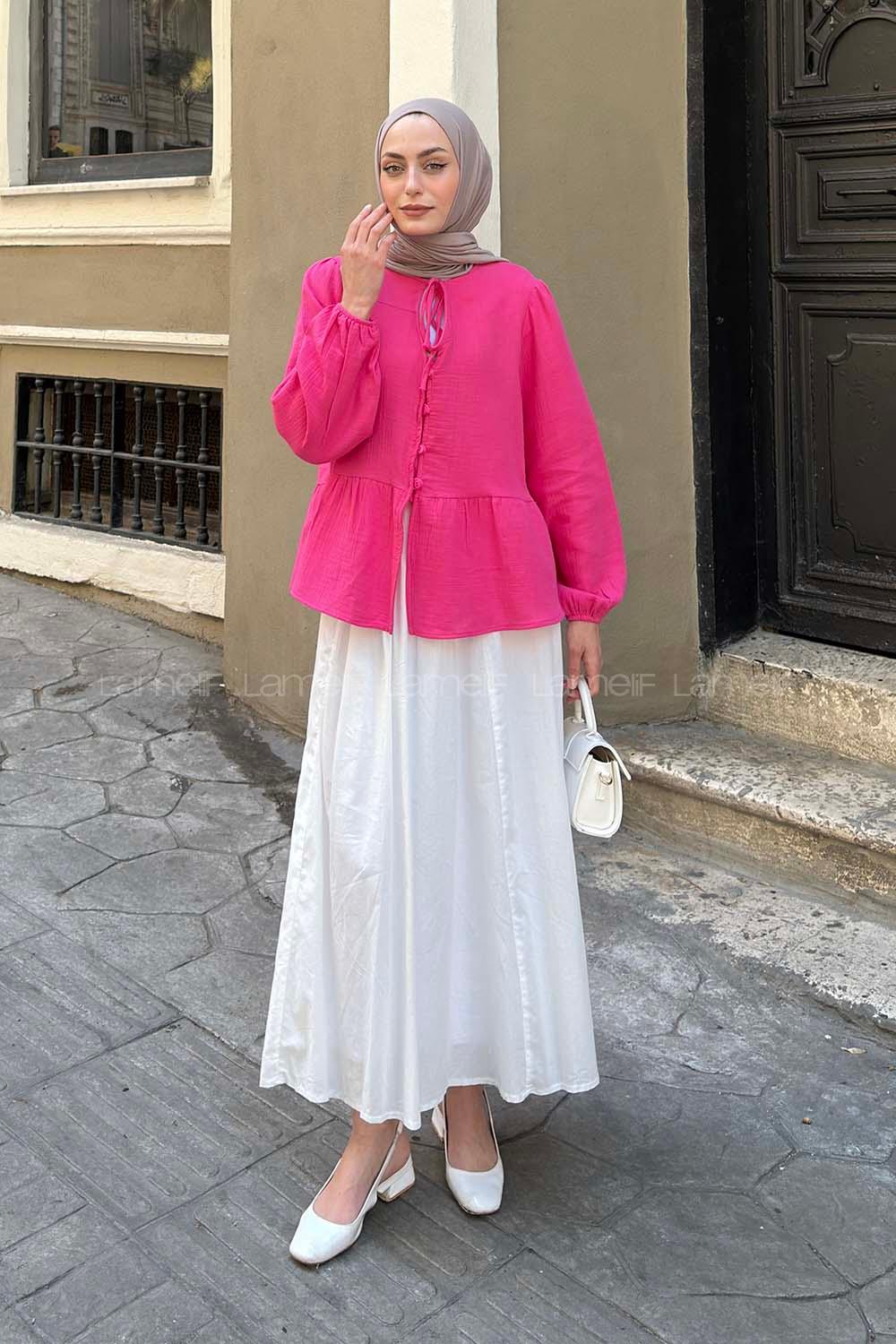 Lamelif V Yaka Kolları Lastikli Müslin Tesettür Gömlek Pembe