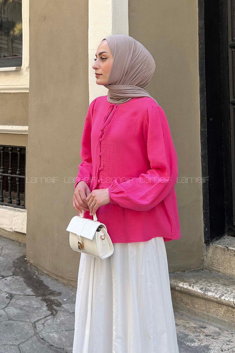 Lamelif V Yaka Kolları Lastikli Müslin Tesettür Gömlek Pembe