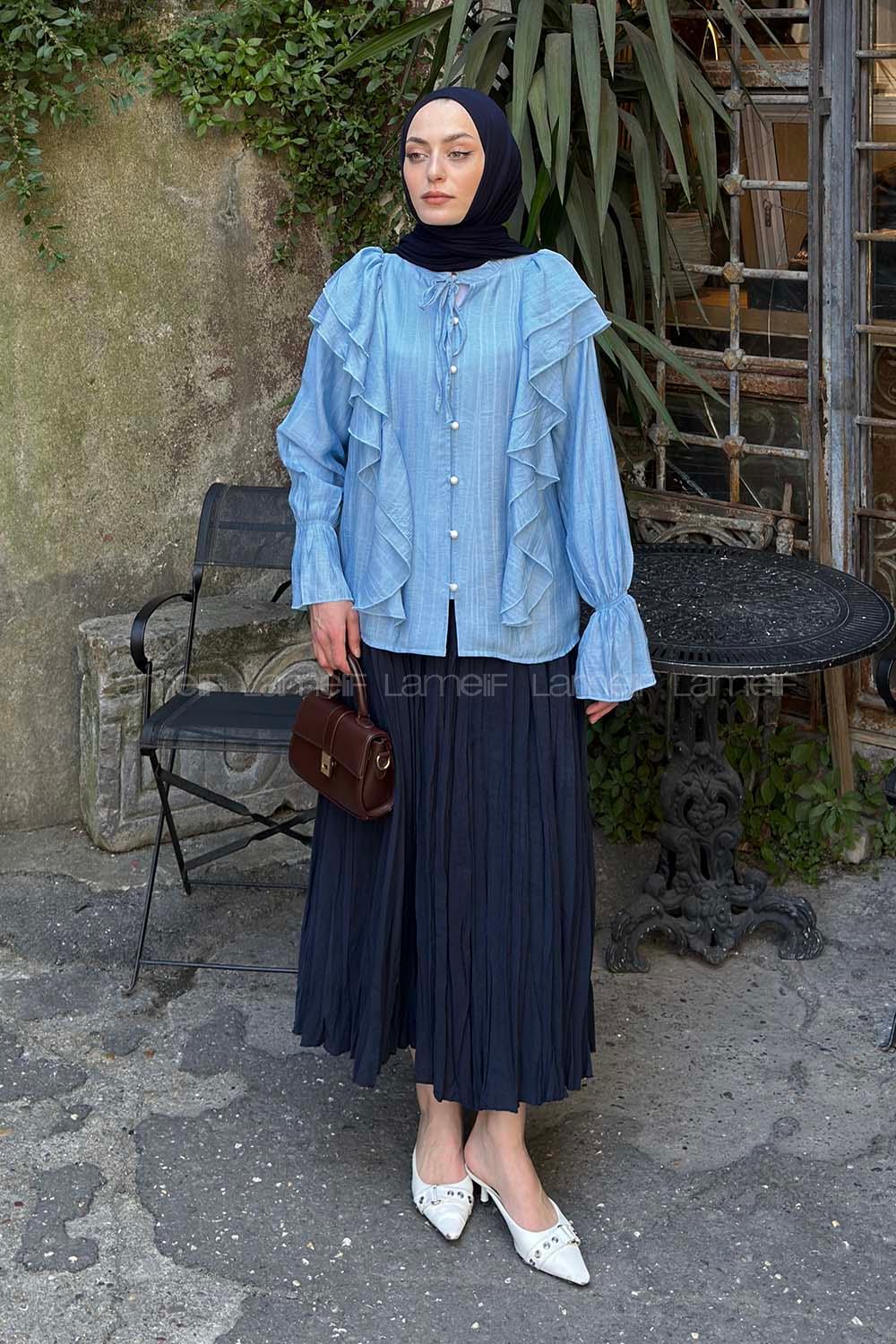 Lamelif Volan Detaylı Çizgili Gömlek Mavi