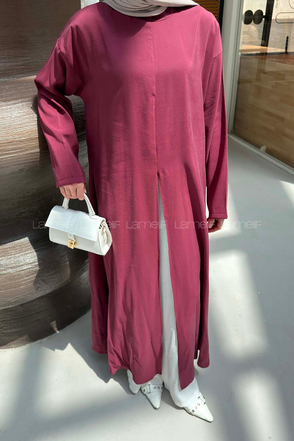 Lamelif Yırtmaç Detaylı Abaya Model Elbise Bordo