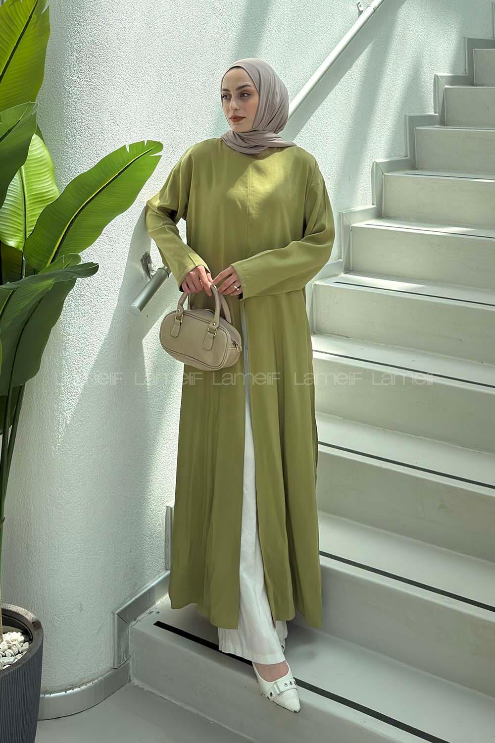 Lamelif Yırtmaç Detaylı Abaya Model Elbise Çağla Yeşili