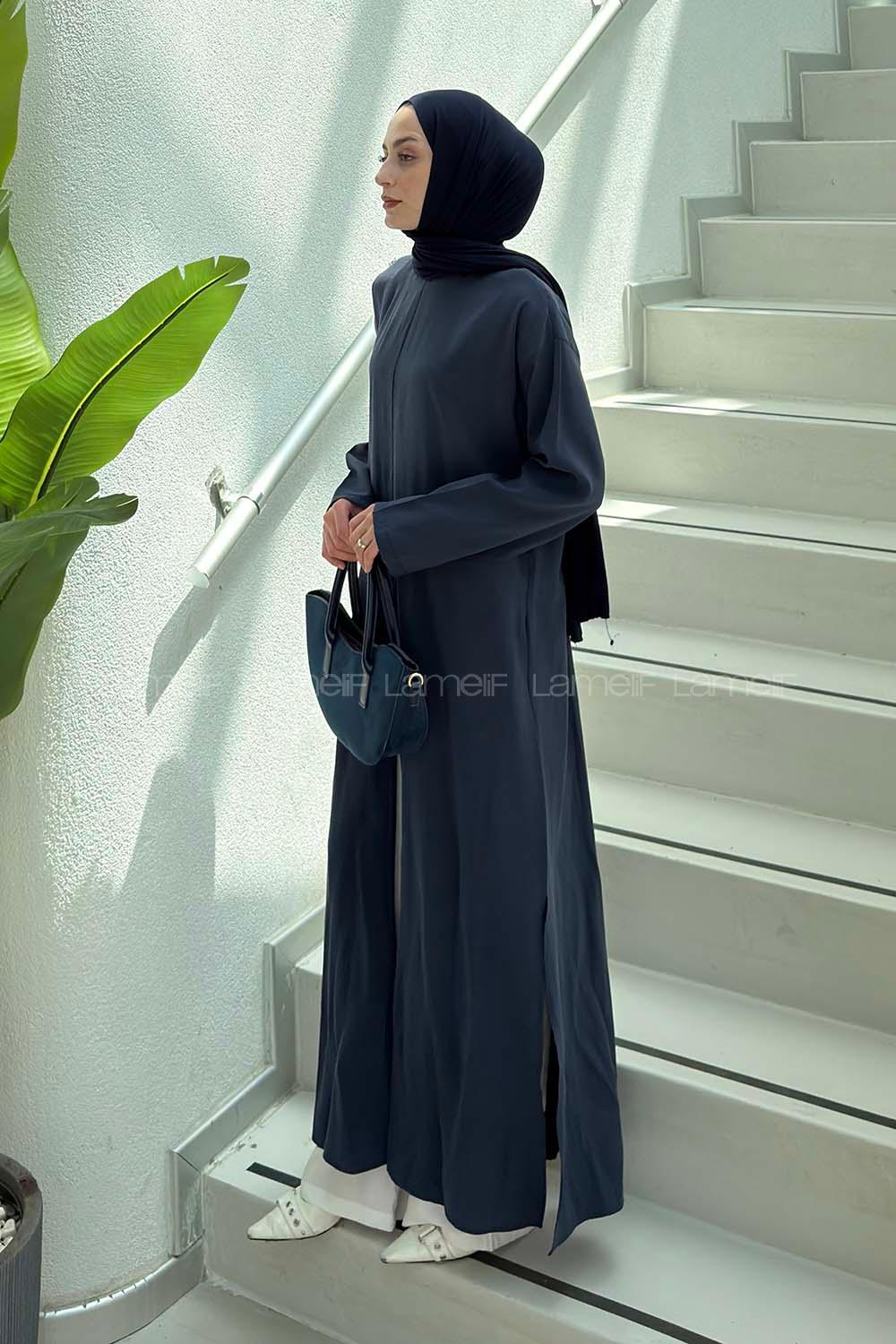 Lamelif Yırtmaç Detaylı Abaya Model Elbise Lacivert