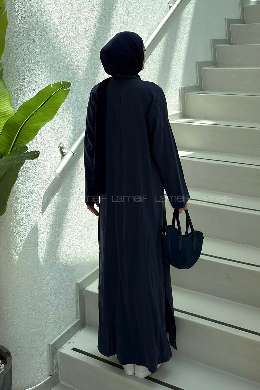 Lamelif Yırtmaç Detaylı Abaya Model Elbise Lacivert