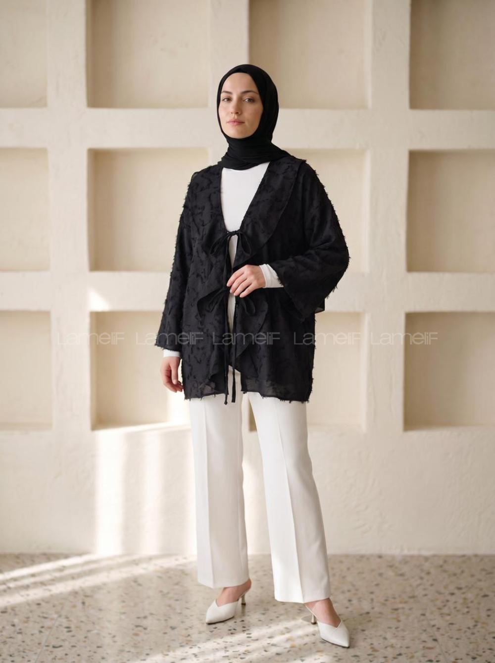 Lamelif Fırfırlı Kabartma Dokulu Tunik Siyah