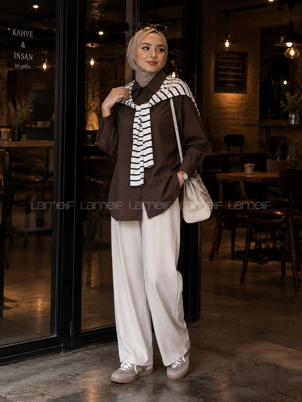 Bitter Brown Shirt Collar Long Arm Polyester Cotton Fabric Shirt