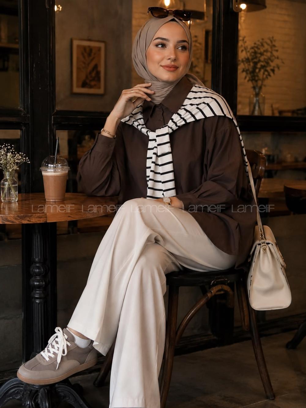 Bitter Brown Shirt Collar Long Arm Polyester Cotton Fabric Shirt