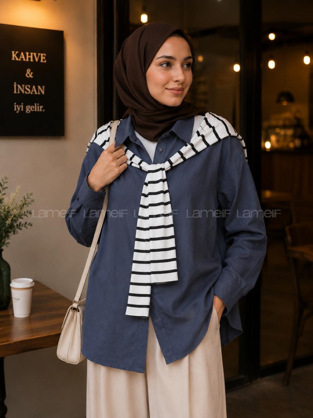 Navy Blue Shirt Collar Long Arm Polyester Cotton Fabric Shirt