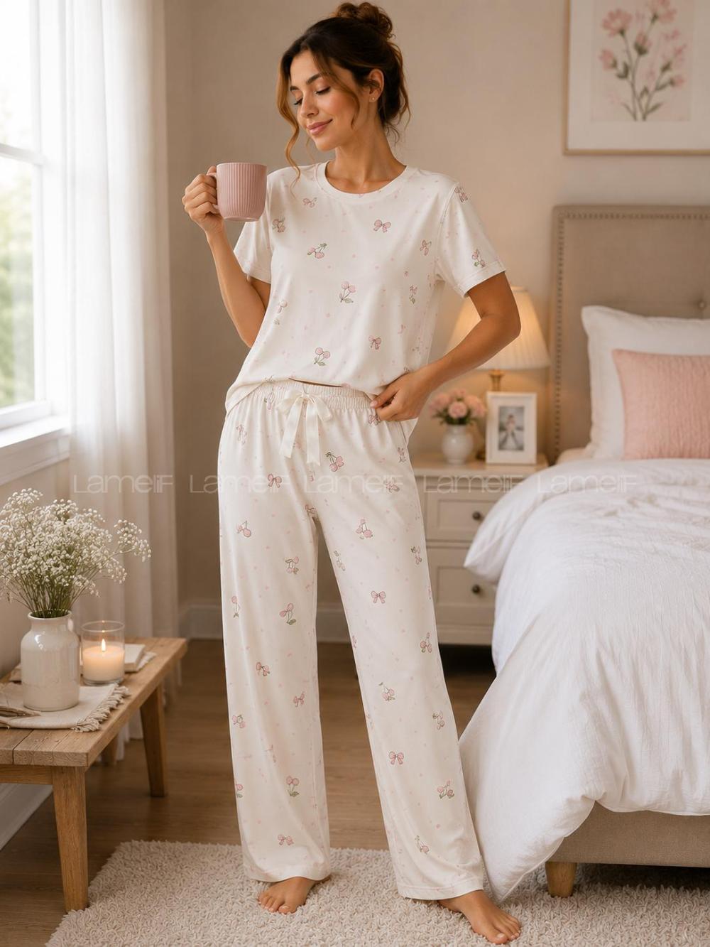 Lamelif Kadın Kiraz DesenLİ  Cares Kumaş Pijama Takımı