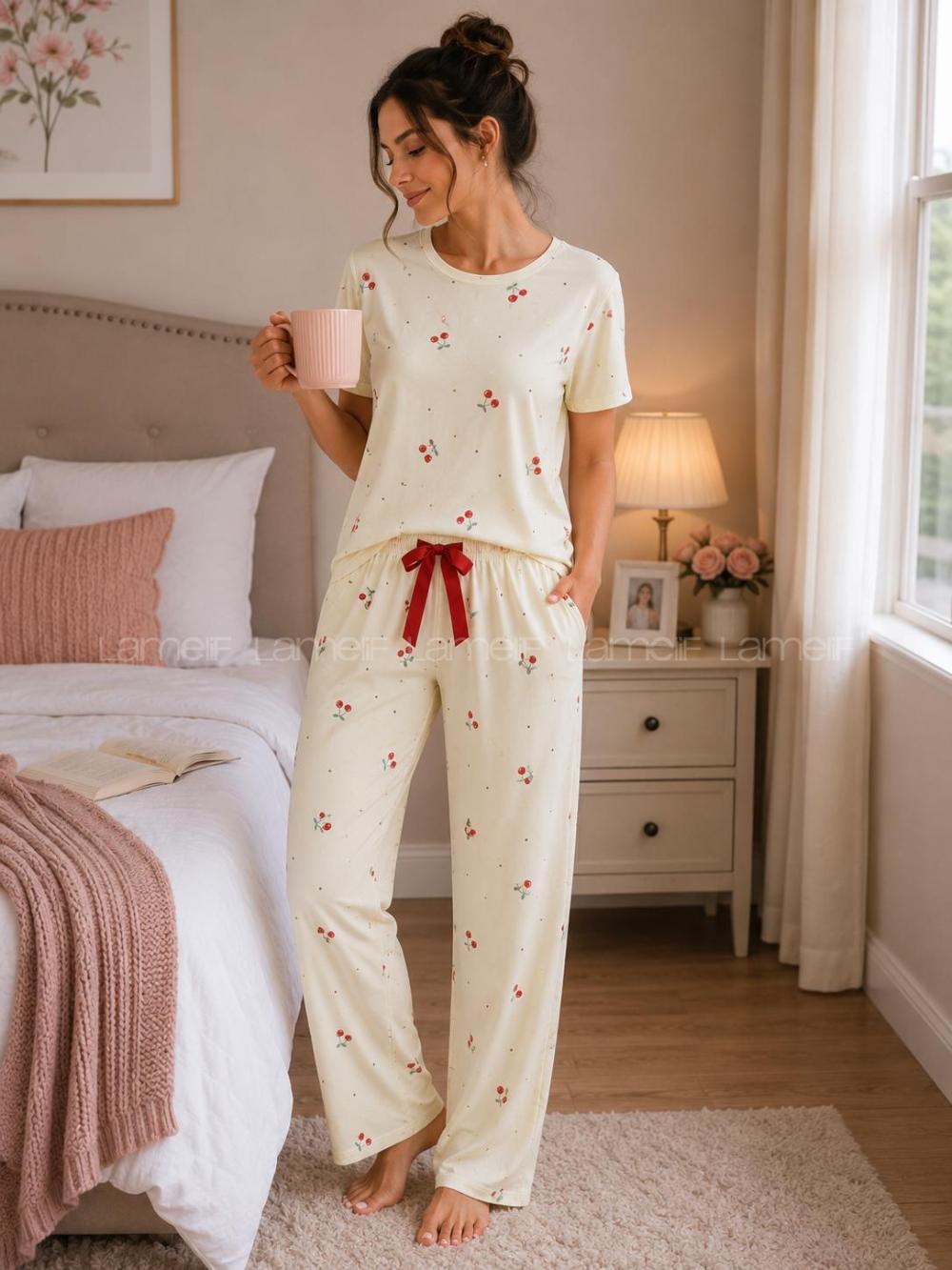Lamelif Kadın Kiraz Desenli  Cares Kumaş Pijama Takımı