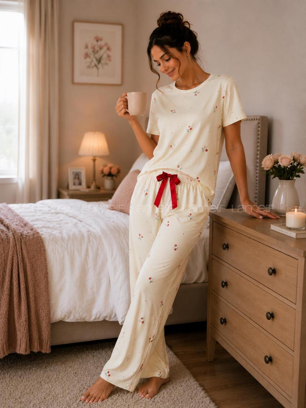 Lamelif Kadın Kiraz Desenli  Cares Kumaş Pijama Takımı