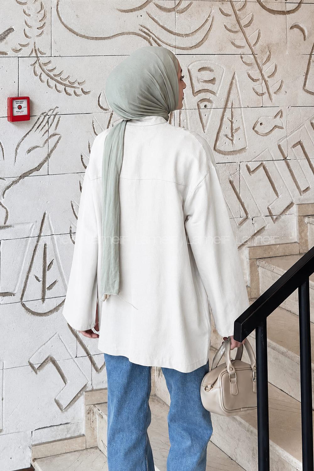 Lamelif Milano Keten Yakası Bağlamalı Gömlek Beyaz
