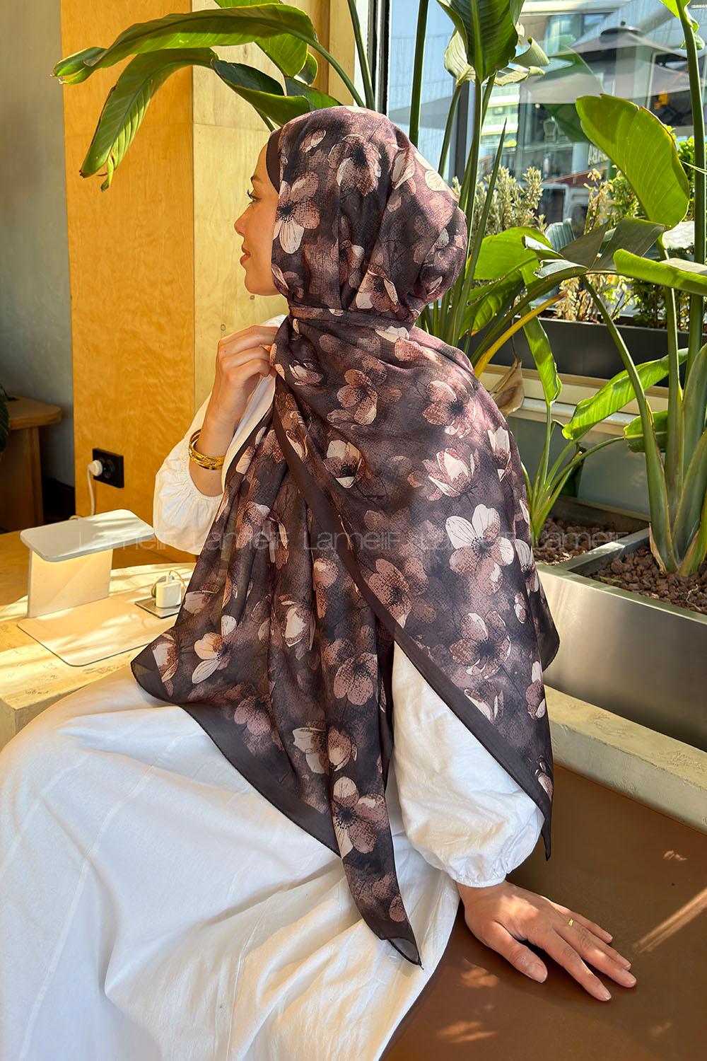 Bitter Brown Cotton Cotton Fabric Striped Flowering Printed Shawl