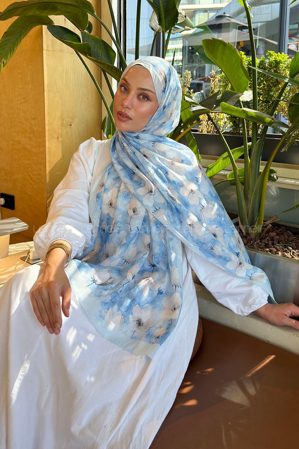 Baby Blue Cotton Cotton Fabric Striped Flowering Printed Shawl