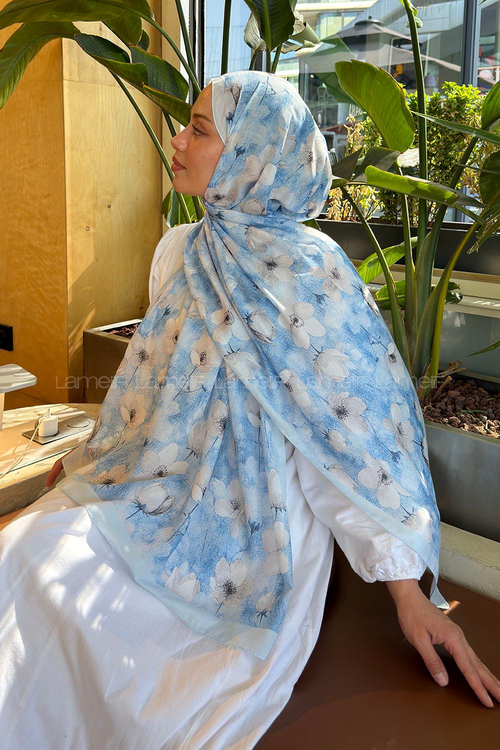 Baby Blue Cotton Cotton Fabric Striped Flowering Printed Shawl