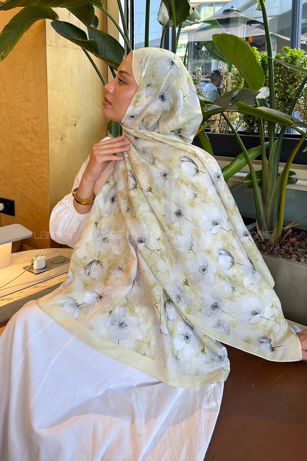 Yellow Cotton Cotton Fabric Striped Flowering Printed Shawl