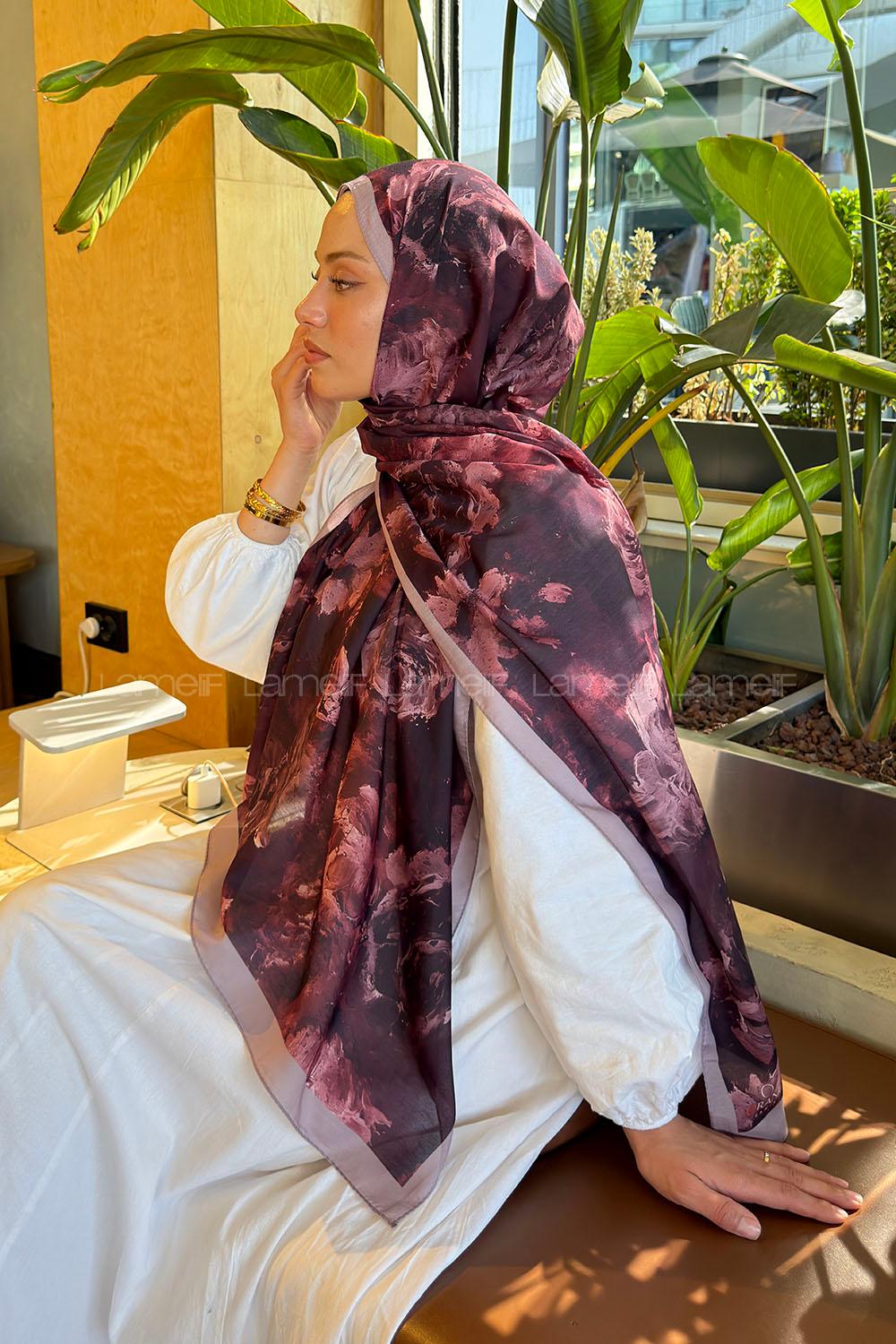 Lamelif Gül Çiçek Desen Lara Soft Şal Koyu Bordo