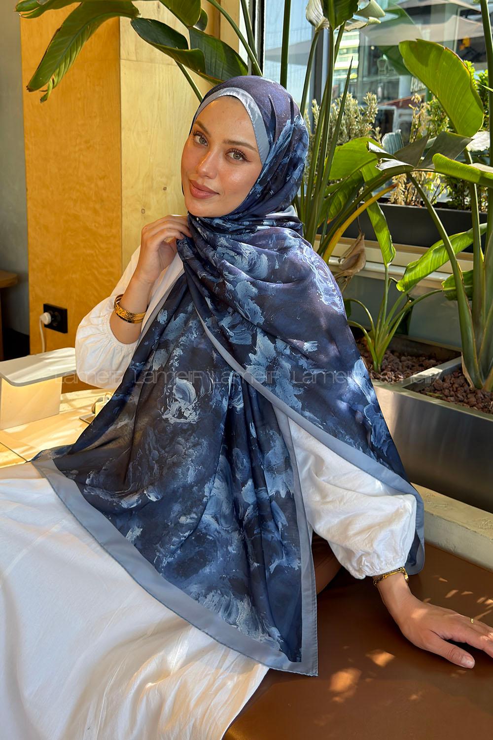 Lamelif Gül Çiçek Desen Lara Soft Şal Lacivert