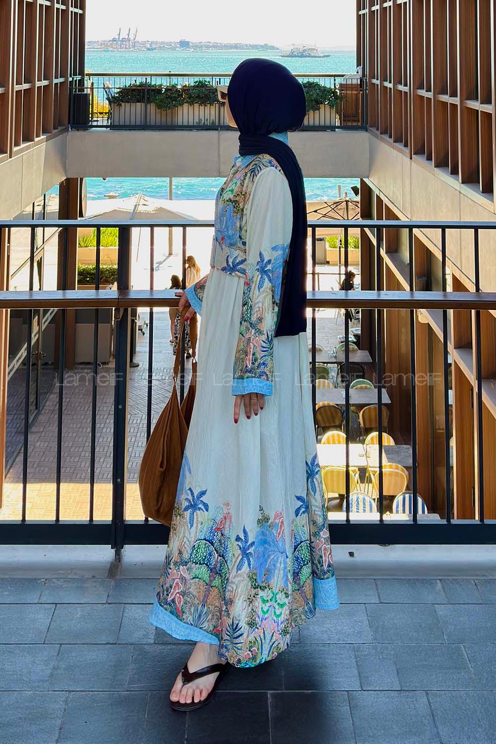 Lamelif Çiçek Detaylı Elbise İndigo-Krem