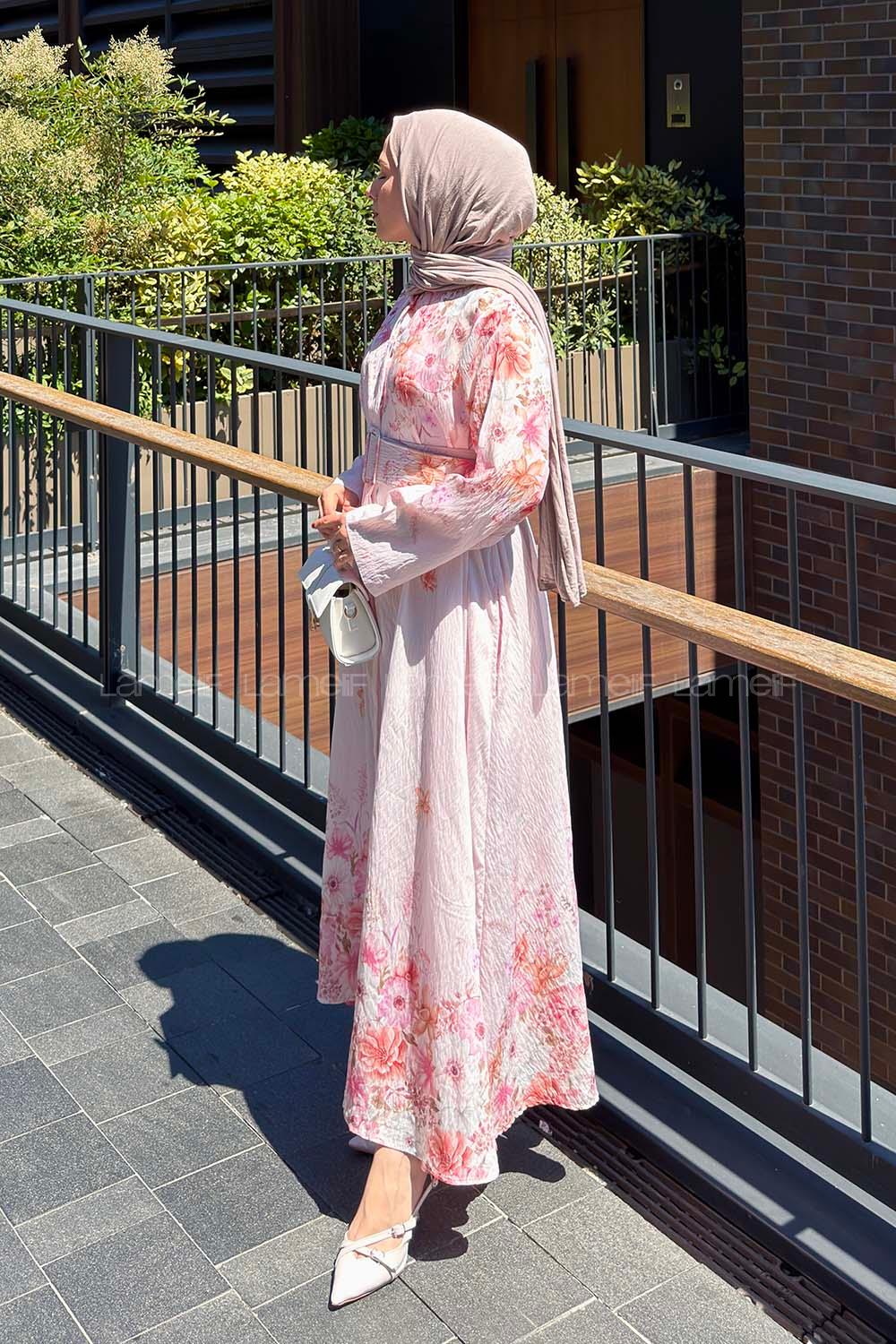 Lamelif Çiçek Detaylı Elbise Pembe