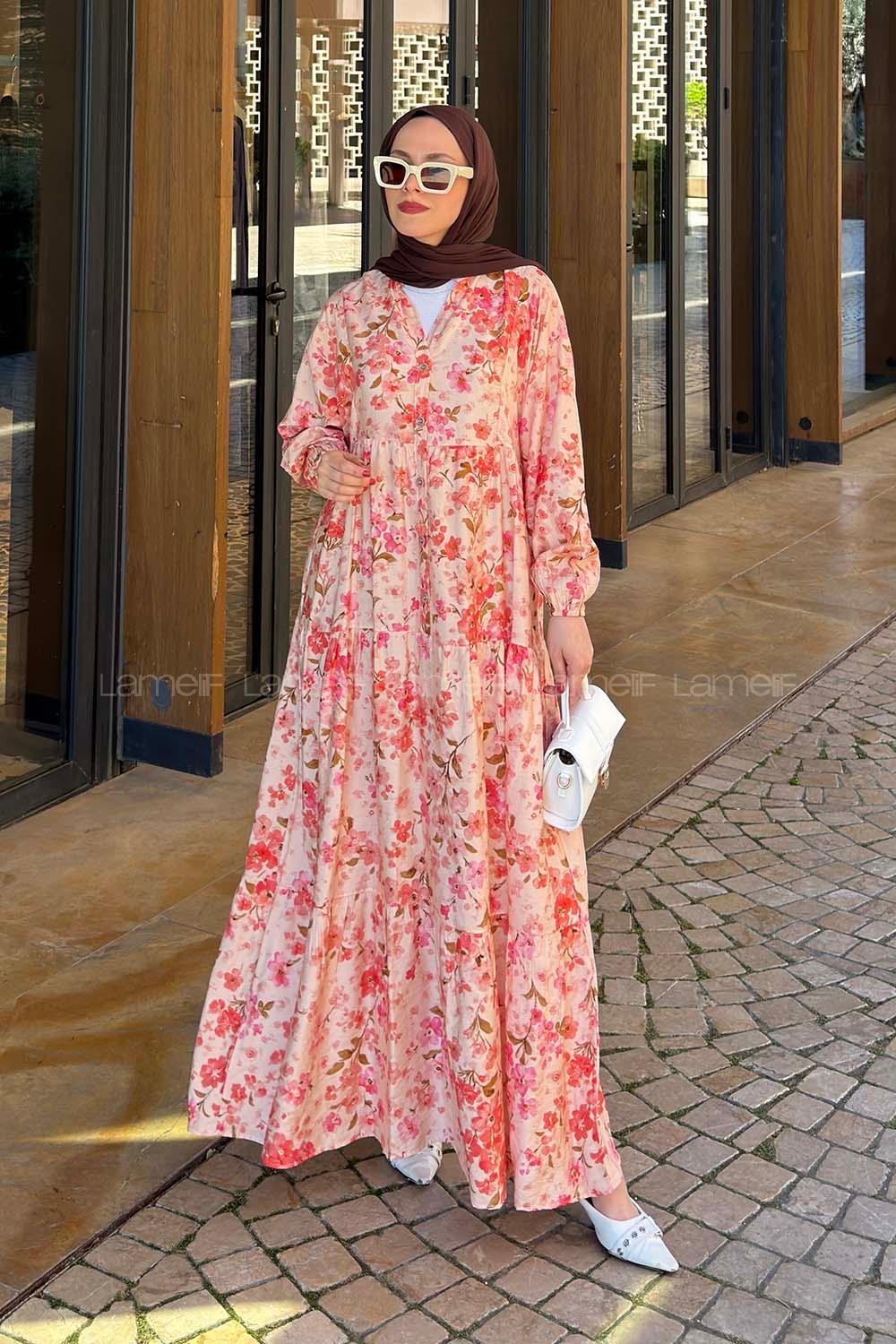 Lamelif Çiçek Detaylı Elbise Pembe