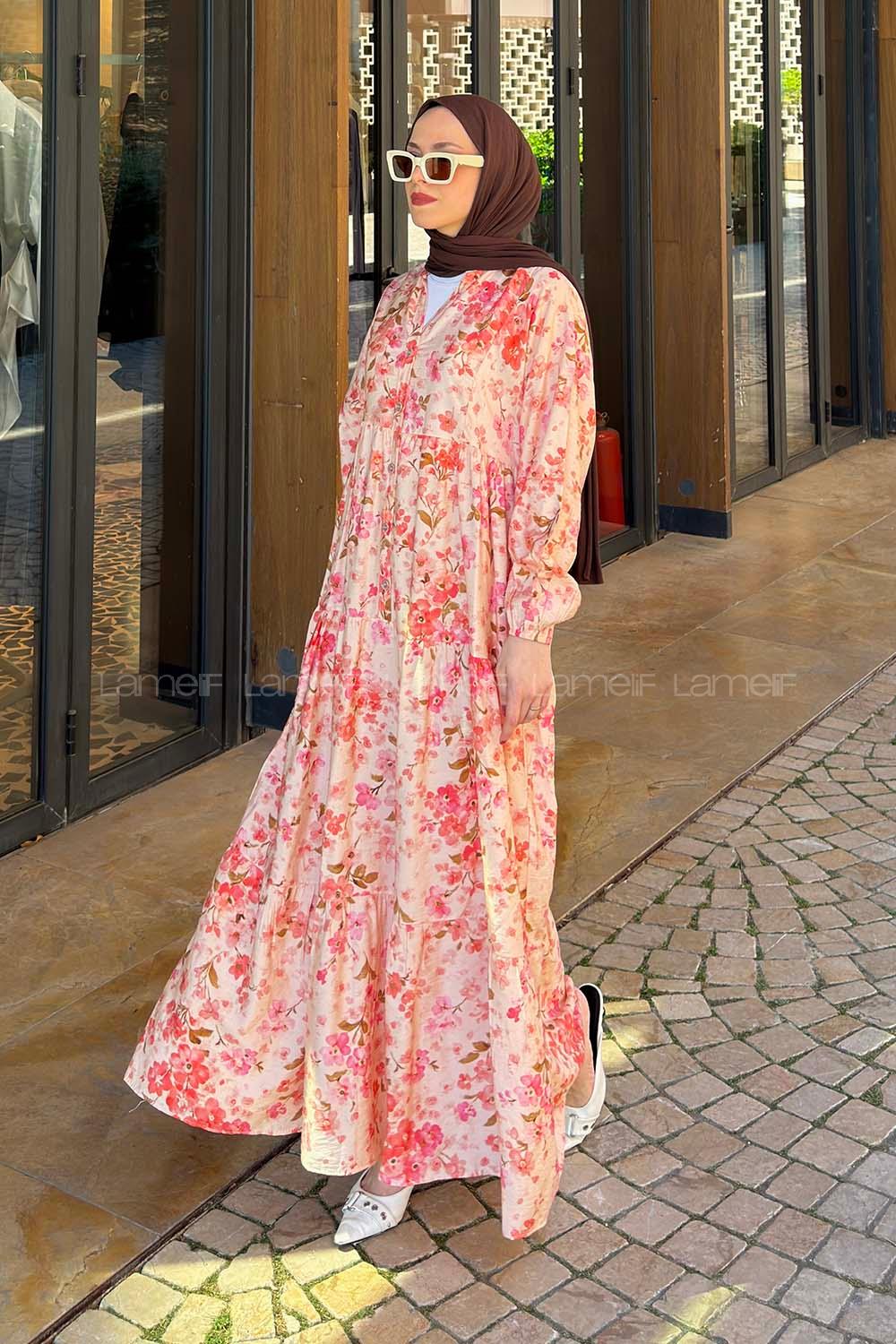 Lamelif Çiçek Detaylı Elbise Pembe