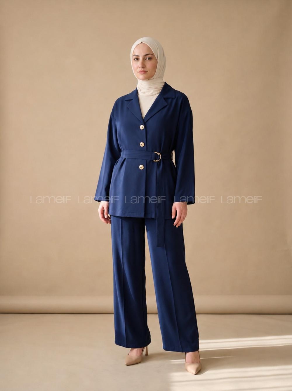 Navy Blue Shirt Collar Long Arm Tensel Regular Trousers Comfortable Suit