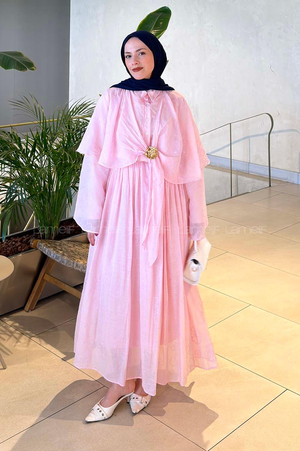 Lamelif Bolerolu Desenli Elbise Pembe