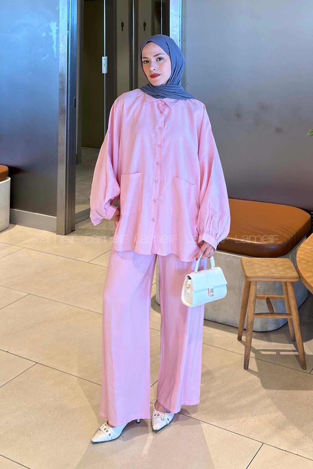 Lamelif Cep Detaylı Modal Pantolonlu Takım Pembe