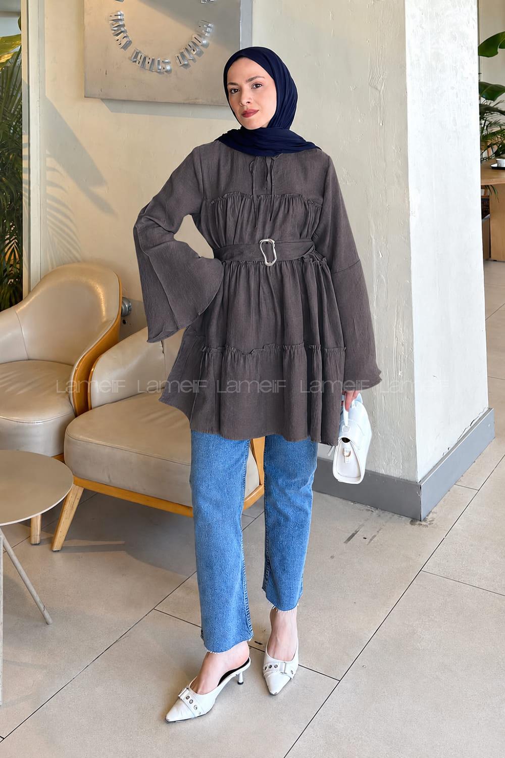 Lamelif Kat Detaylı Bağlamalı Tunik Acı Kahve