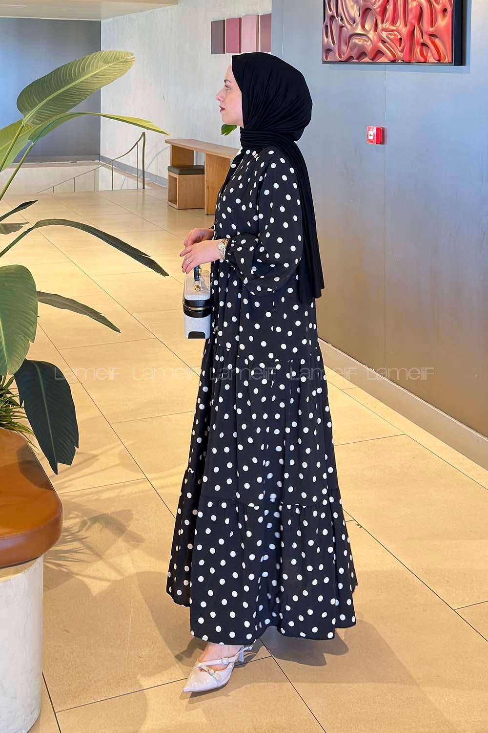 Lamelif Puantiye Detaylı Elbise Siyah