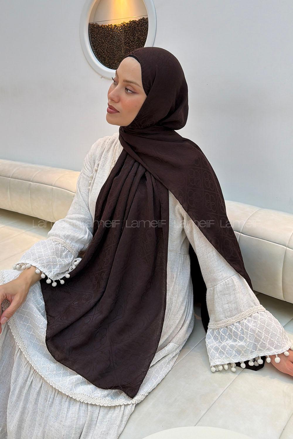 Lamelif Zincir Halka Desen Ayrobin Floş Jakar  Şal Acı Kahve