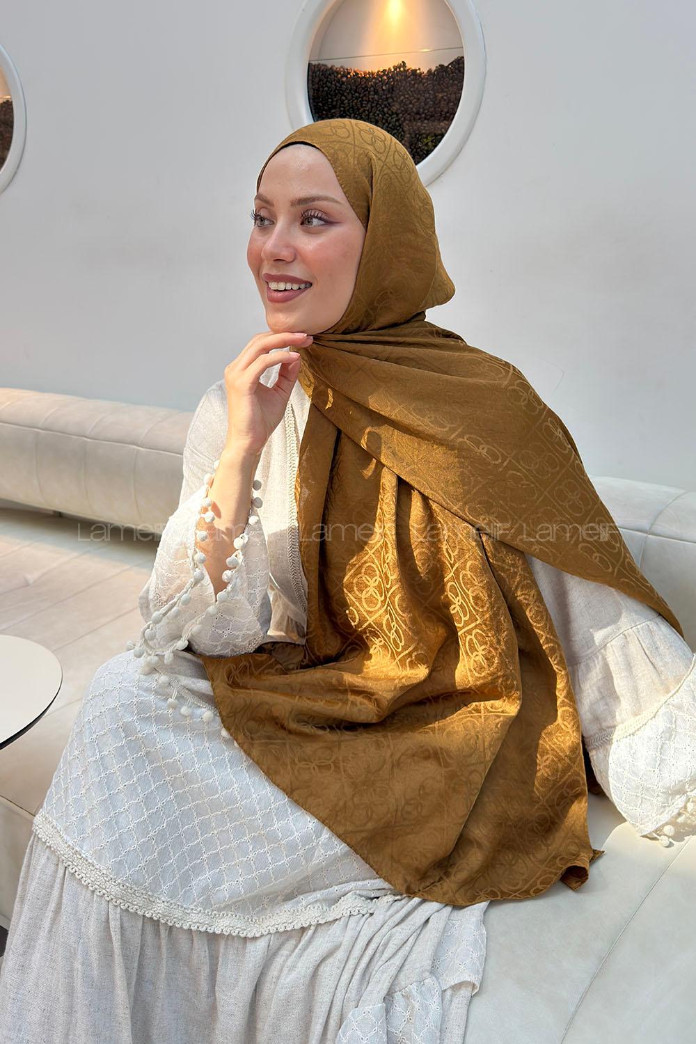 Lamelif Zincir Halka Desen Ayrobin Floş Jakar  Şal Camel