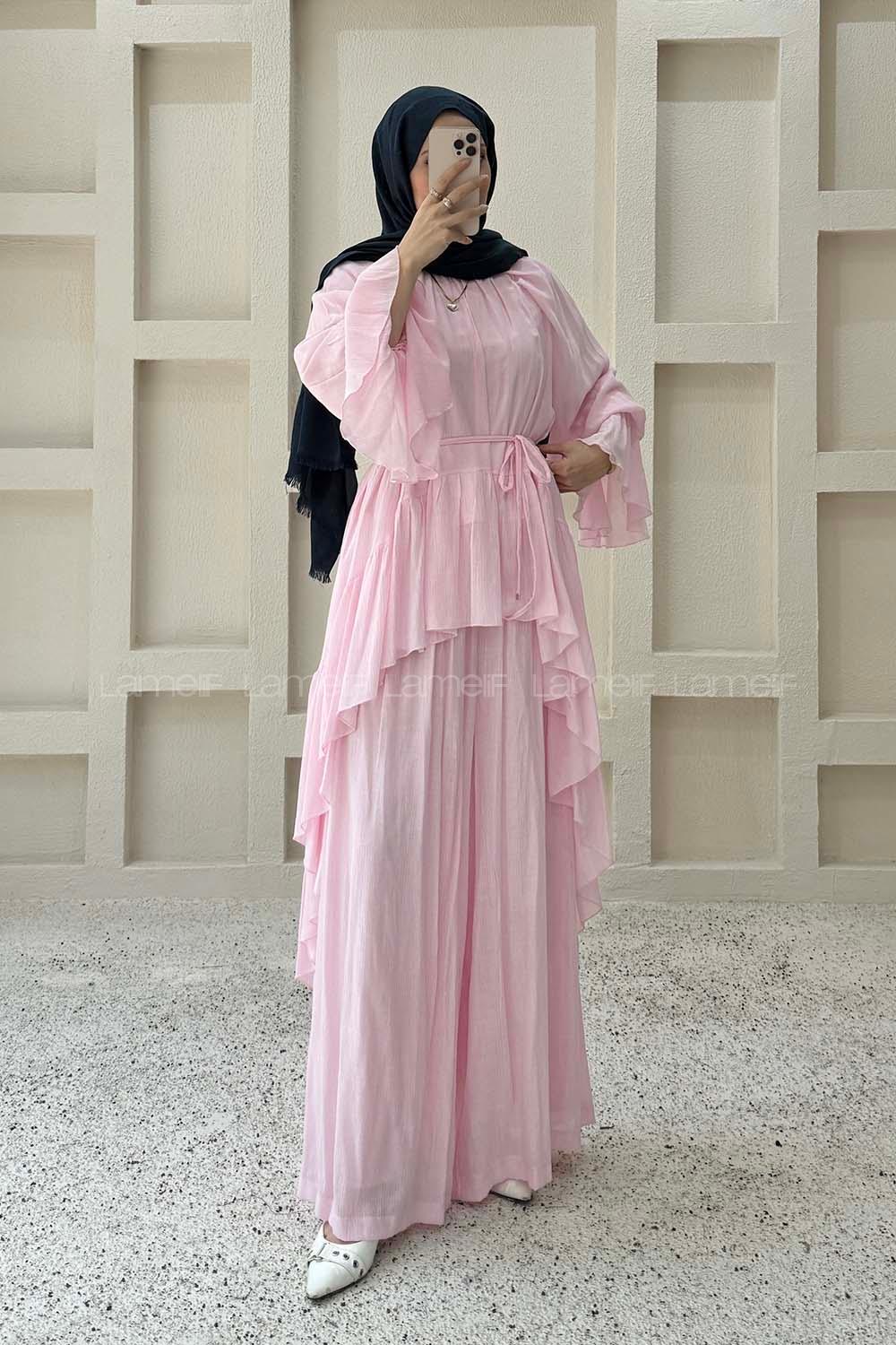 Lamelif Asimetrik Volanlı İkili Takım Pembe