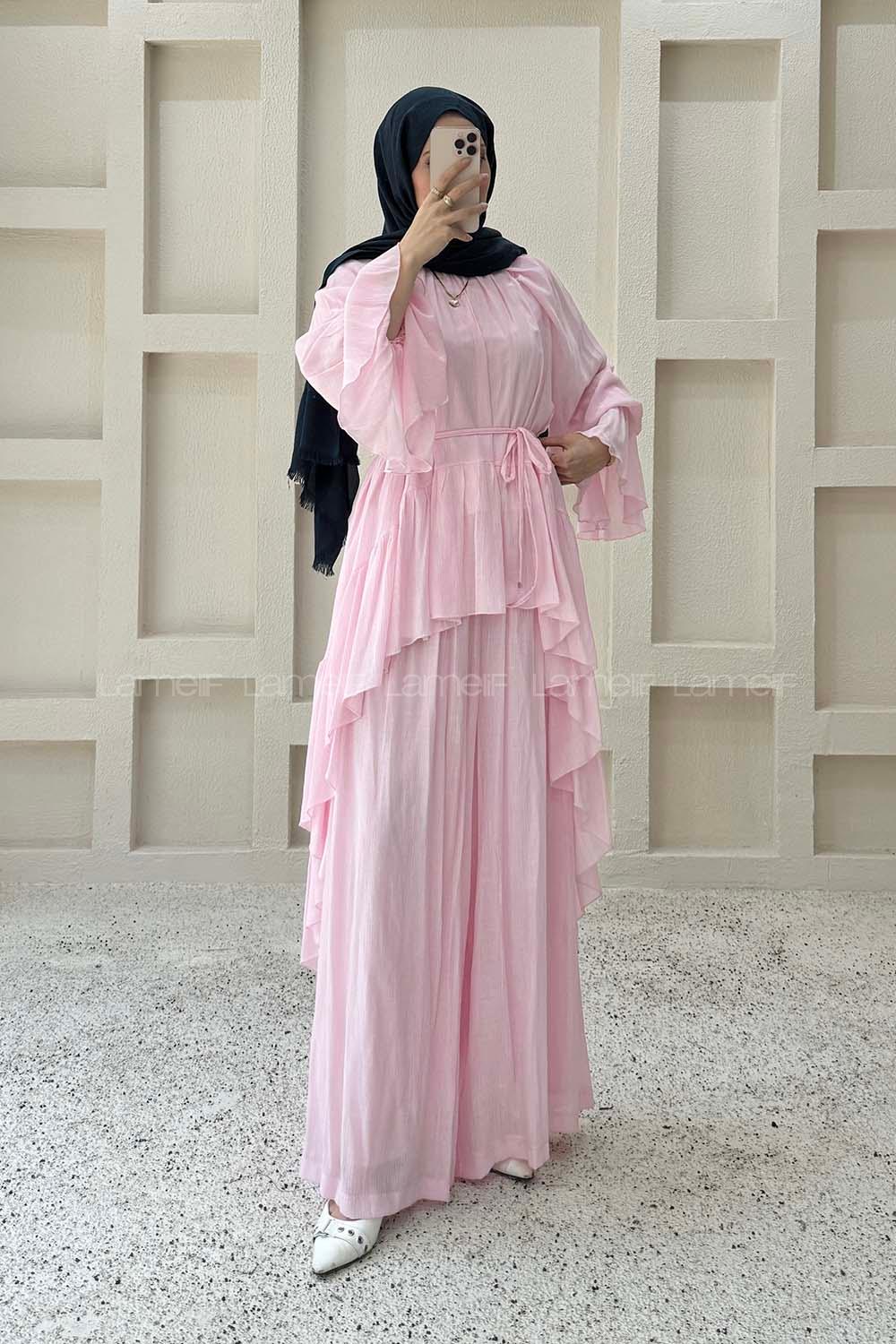 Lamelif Asimetrik Volanlı İkili Takım Pembe