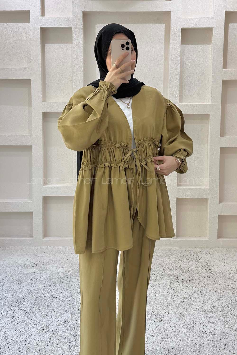 Lamelif Fırfırlı Bağcıklı Pantolonlu Takım Yağ Yeşili