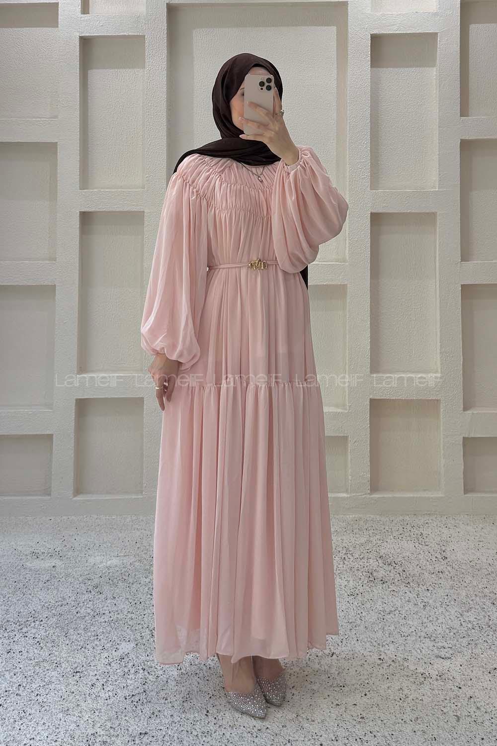 Lamelif Kat Detaylı Şifon Elbise Pembe
