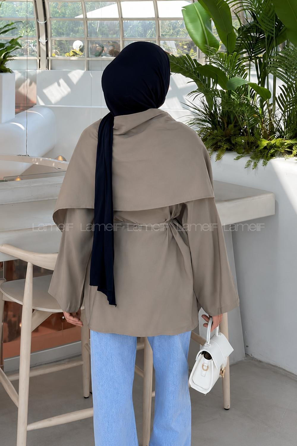 Lamelif Pelerin Detaylı Oversize Tunik Soft Kahve