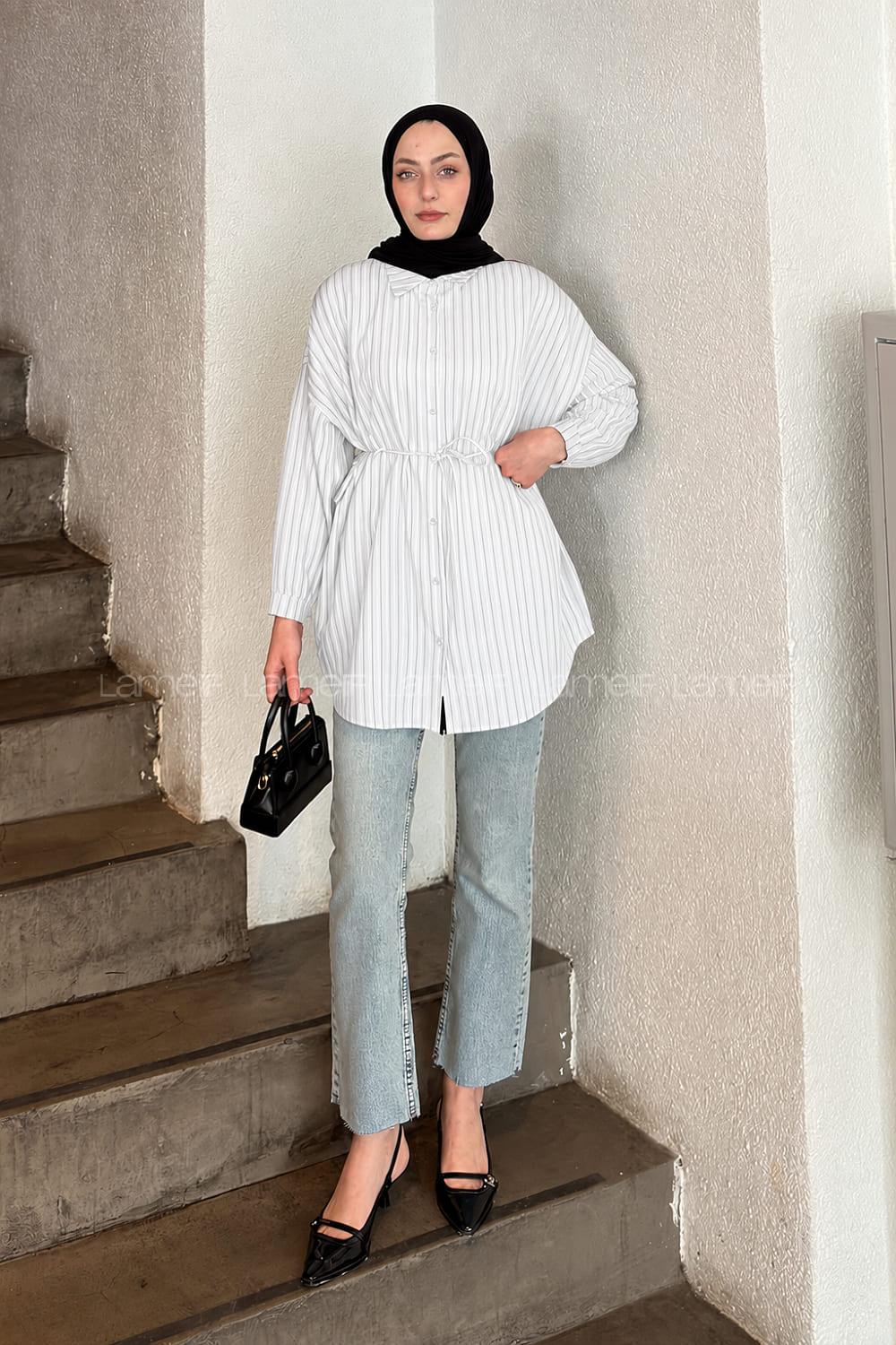 Lamelif Sırt Robalı Çizgi Detaylı Tunik Beyaz