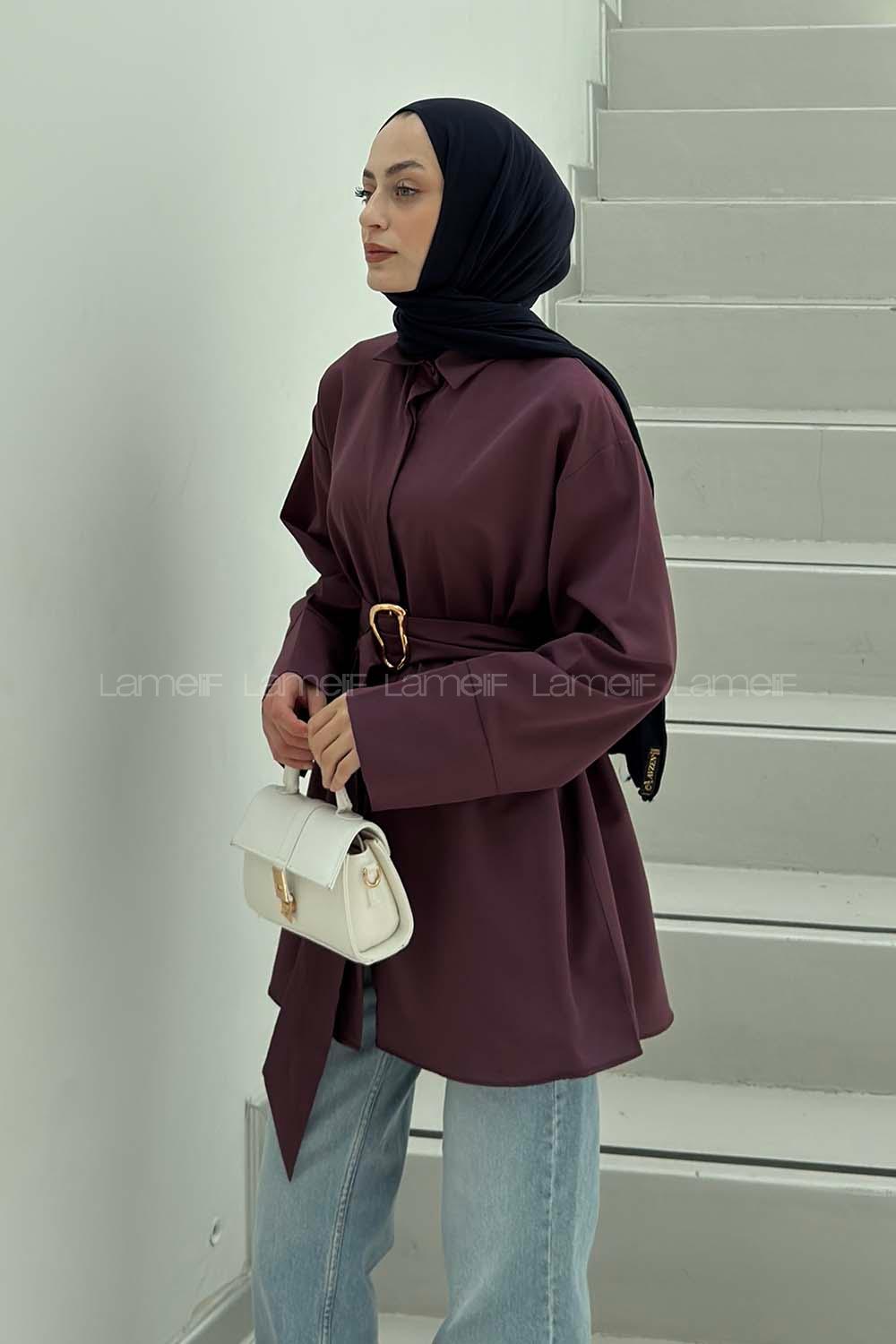 Lamelif Bağlama Detaylı Gold Tokalı Gömlek Mürdüm