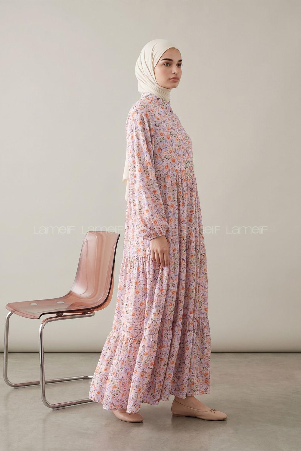 Lamelif Çiçek Desenli Elbise Pembe