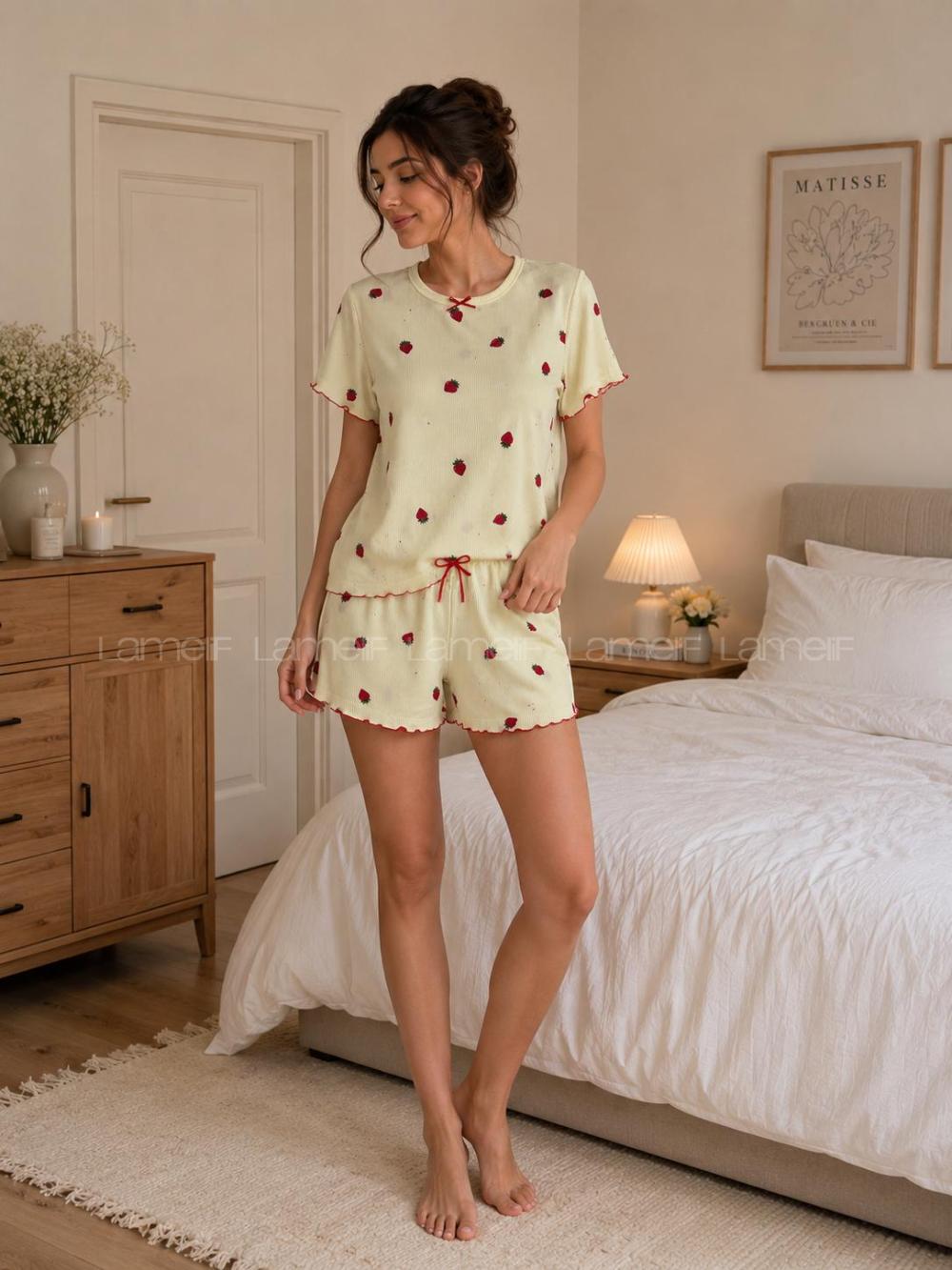 Lamelif Kadın Bisiklet Yaka Çilek Desen Şortlu Pijama Takımı
